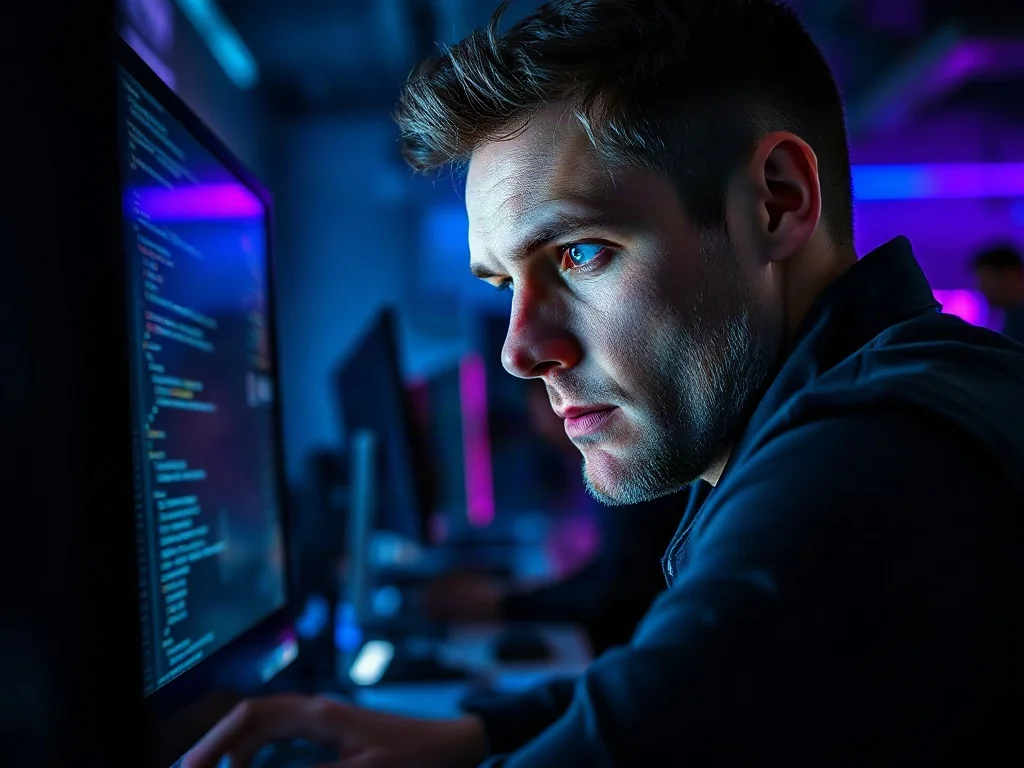 Mężczyzna w skupieniu analizuje kod na ekranie komputera w przyciemnionym pokoju z neonowym oświetleniem w stylu cyberpunk.