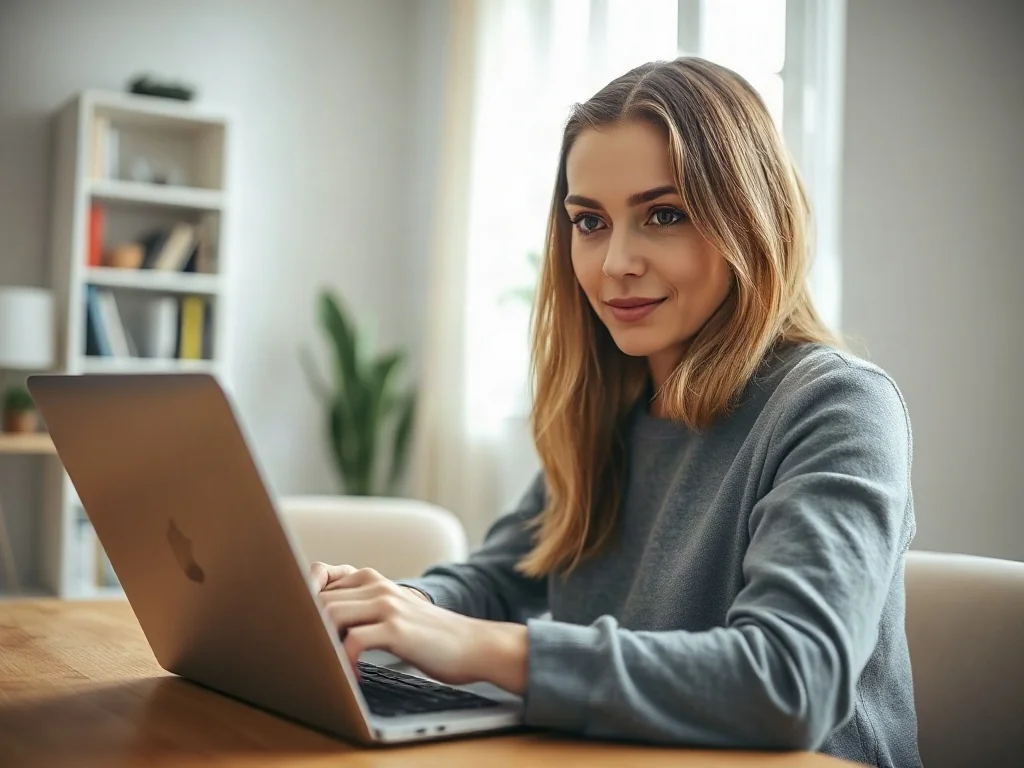 Kobieta pracująca na laptopie w jasnym biurze, edytująca dokument tekstowy w programie Word.