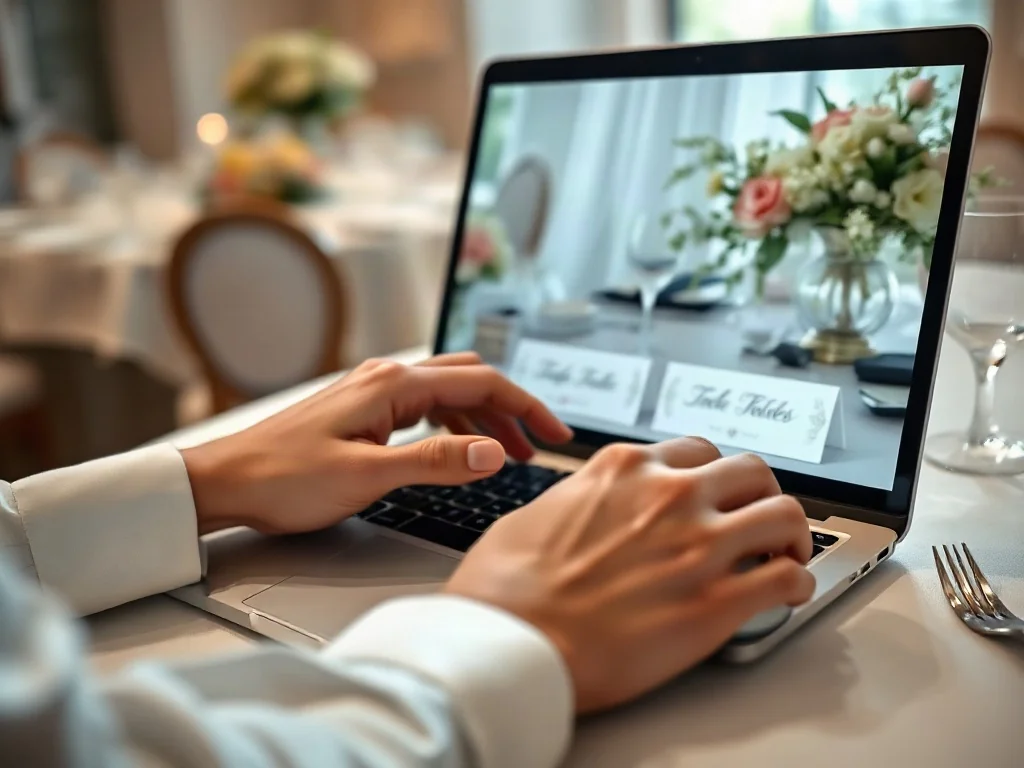 Dłonie projektujące eleganckie winietki ślubne na ekranie laptopa w jasnym, profesjonalnym biurze.
