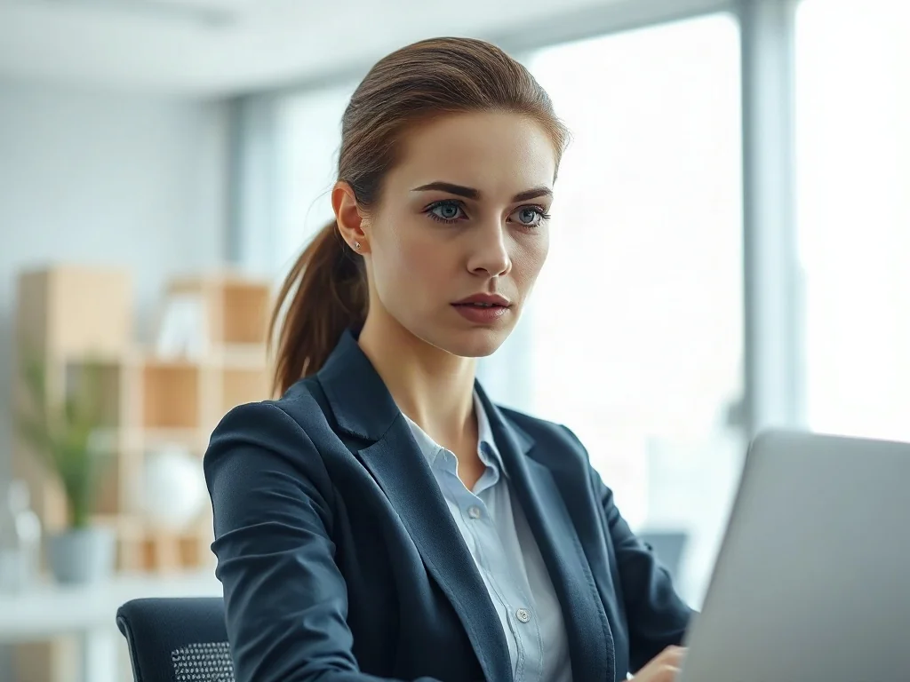 Zaniepokojona kobieta pracująca przy laptopie w nowoczesnym biurze, ilustrująca problem z wysłaną wiadomością e-mail.