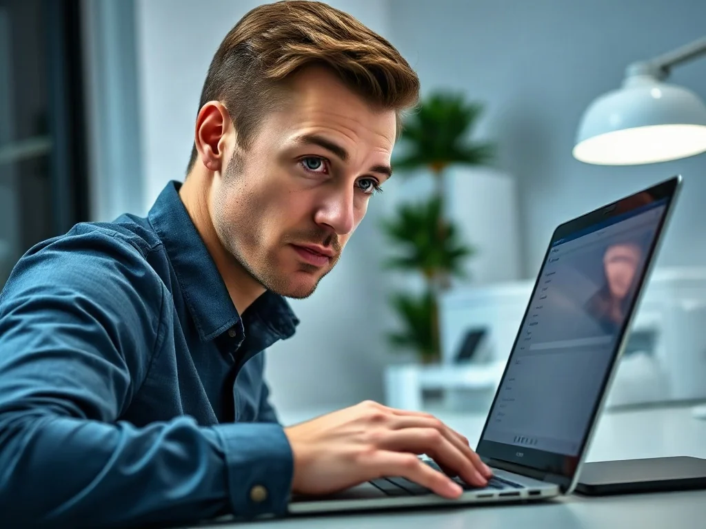 Mężczyzna konfiguruje ustawienia drukarki bezprzewodowej na ekranie laptopa w domowym biurze.