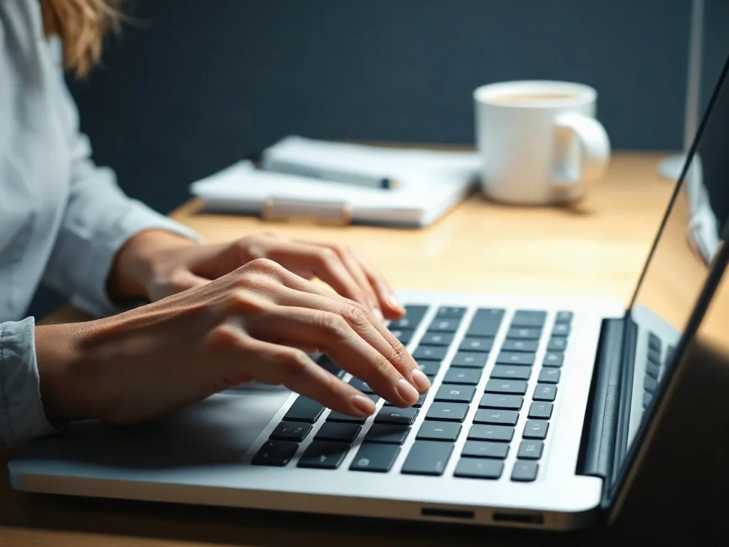 Dłonie kobiety piszące na klawiaturze nowoczesnego laptopa w biurowym otoczeniu.