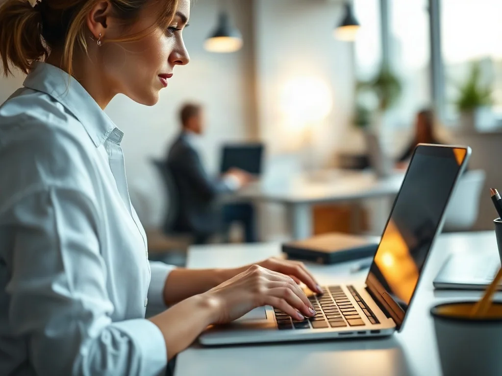 Kobieta pracująca przy laptopie w nowoczesnym biurze, skupiona na pisaniu na klawiaturze.